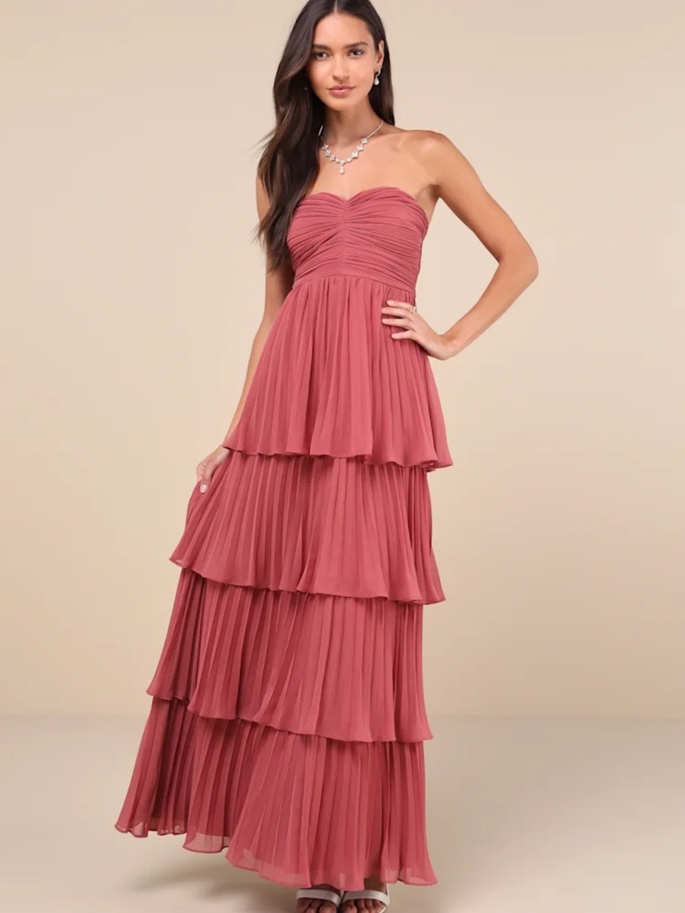 Lulu's Dusty Rose Strapless Tiered Maxi Dress